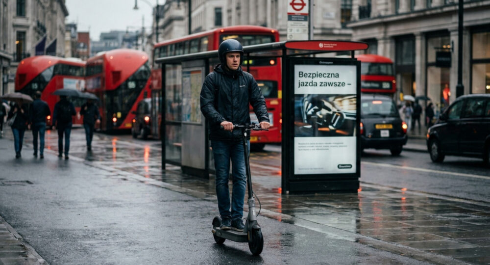 Mężczyzna jazdący na hulajnodze. Odszkodowanie za wypadek na hulajnodze elektrycznej lub skuterze w UK