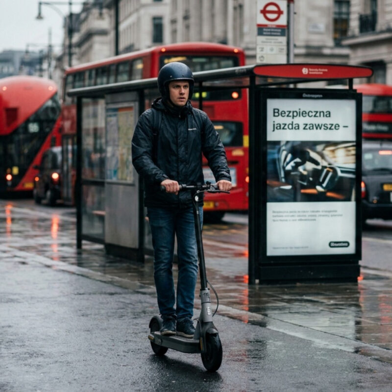 Mężczyzna jazdący na hulajnodze. Odszkodowanie za wypadek na hulajnodze elektrycznej lub skuterze w UK